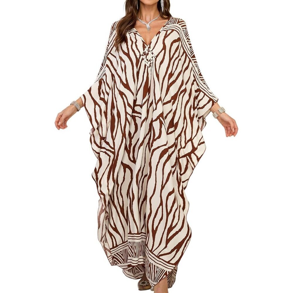 Women's Beige Wave V Neck Batwing Sleeves Beach Summer Cover Up Kaftan Dress